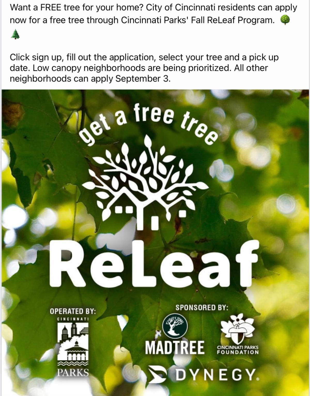 City of Cincinnati Free Tree – Releaf Program: September 2022